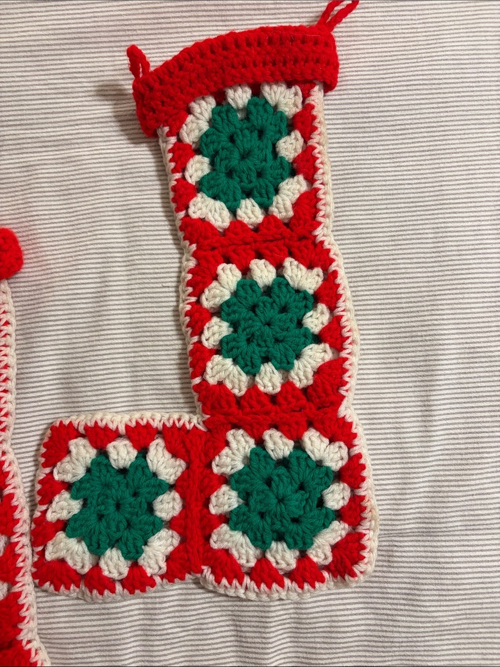 Handmade Crochet Christmas Stocking Pair - Red Green White - Picture 4 of 6